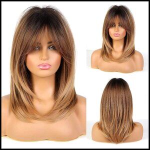 Shoulder Length Curly Wig with Bangs Modern Chic Daily Wear Synthetic Fiber